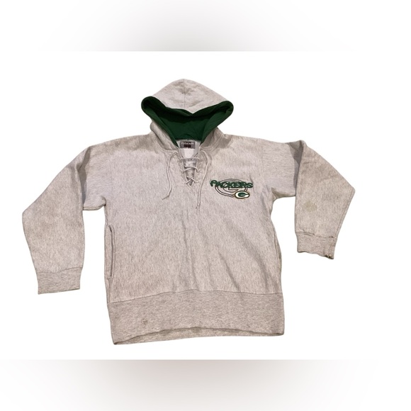 Legends Athletic Tops - Vintage Green Bay Packers Grey Embroidered Lace Up Hoodie Womens Medium